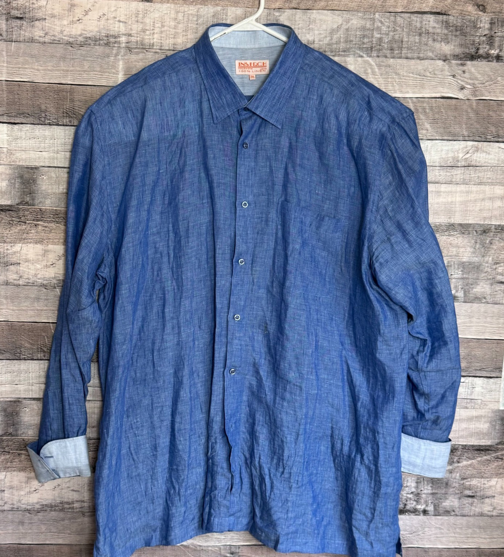 Inserch Linen Shirt Mens 3XLT Blue Button Up Long Sleeve Flip Cuff Preppy